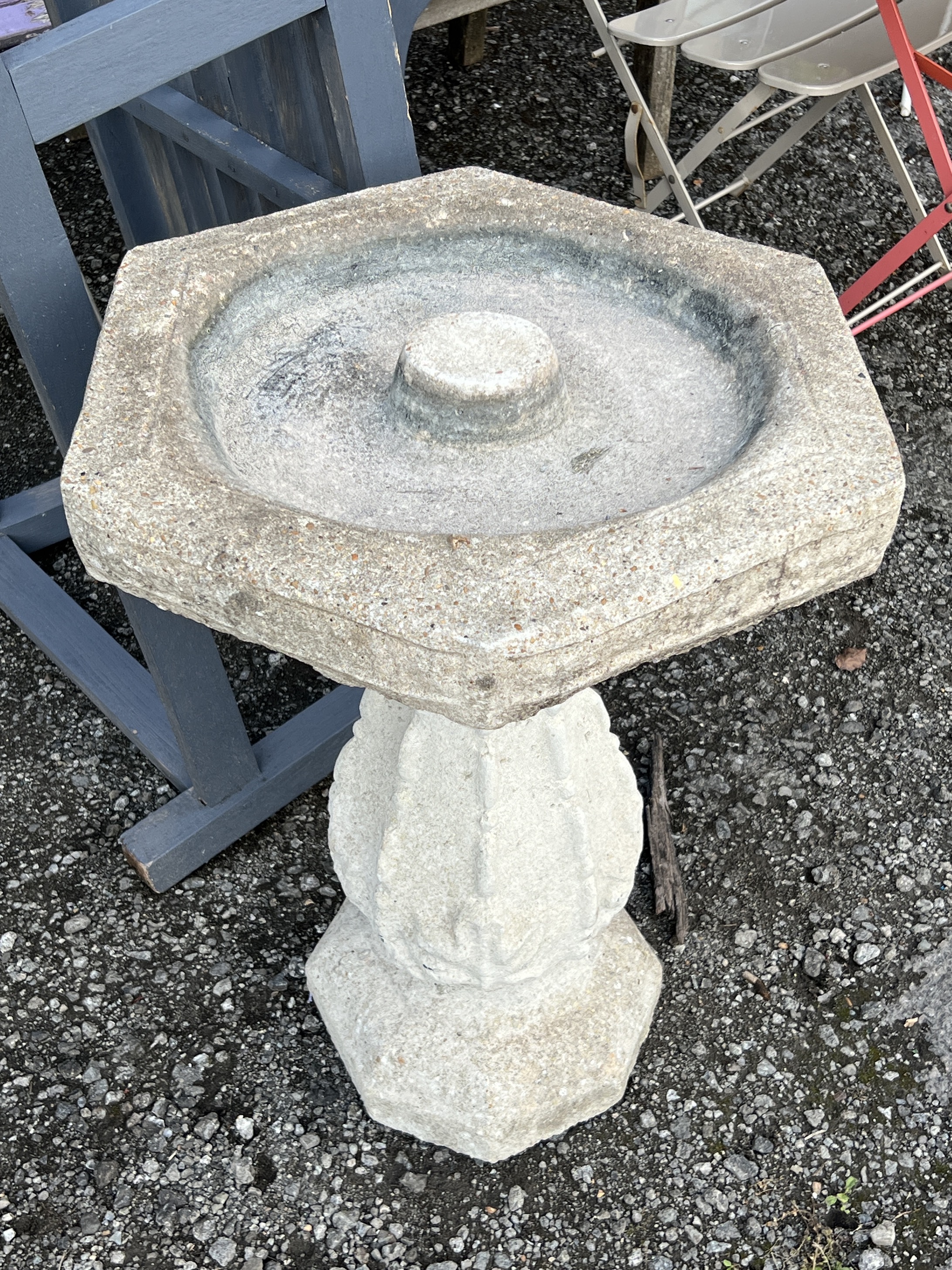 A reconstituted stone hexagonal bird bath, width 56cm, height 68cm